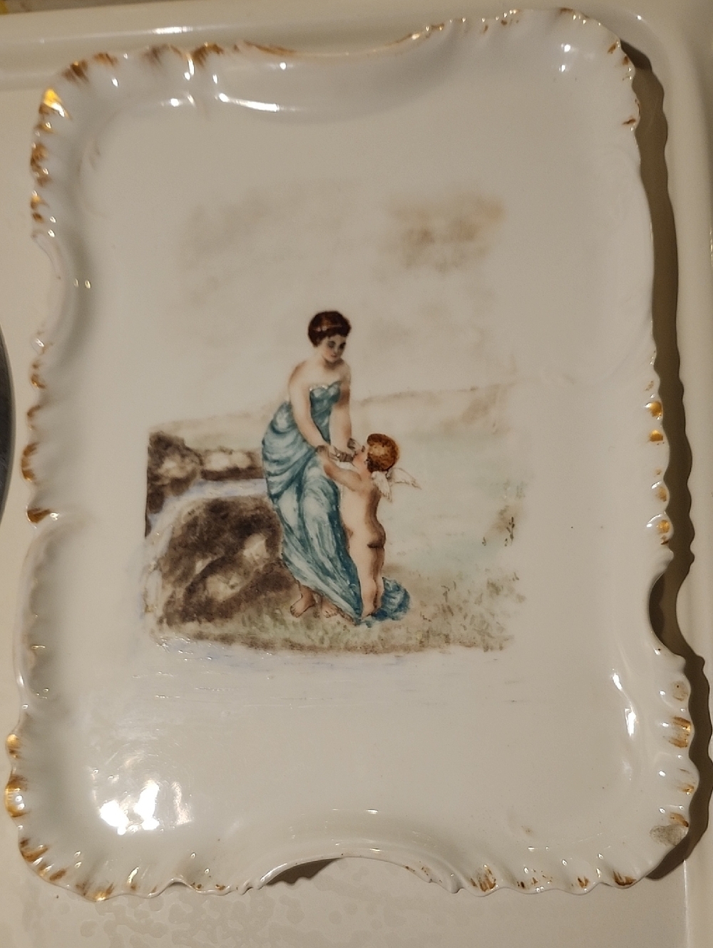 Vintage French Porcelain Decorative DresserTray with Cherub Scene